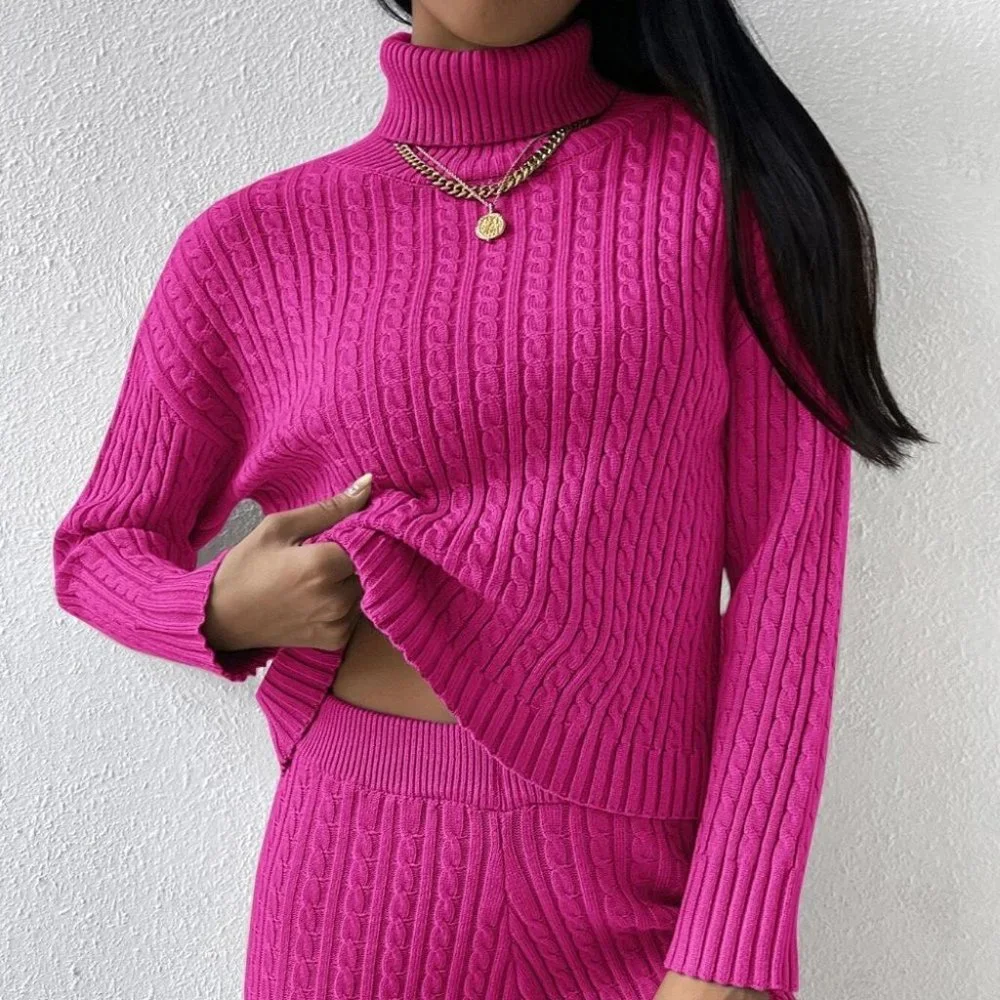 Pink Preppy Womens Turtle Neck Drop Shoulder Cable Knit Sweater & Knit Pants - Picture 2 of 5